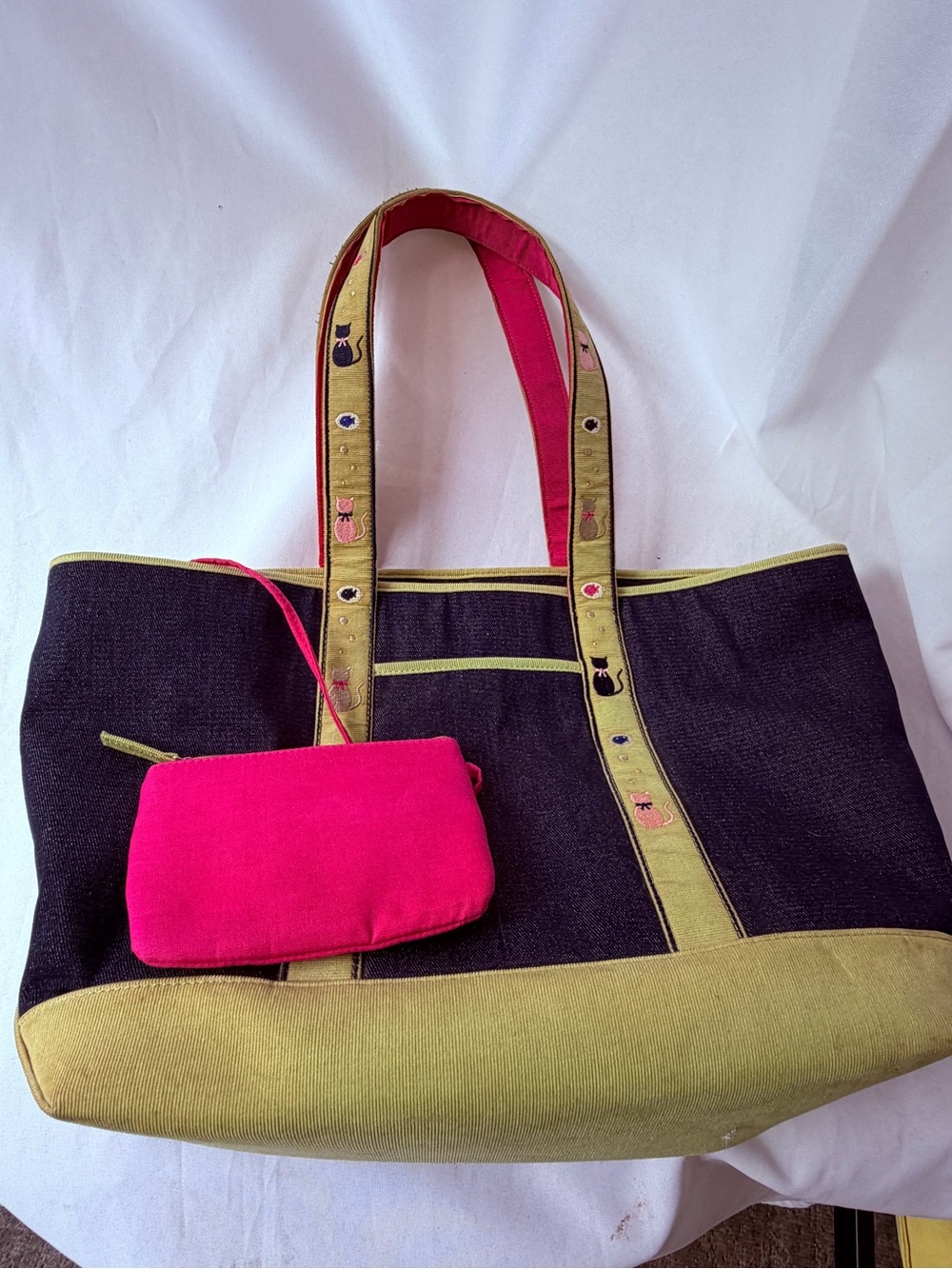 Vintage Liz Claiborne Dark Denim Cat Tote Bag Pouch NWOT Corduroy Taupe